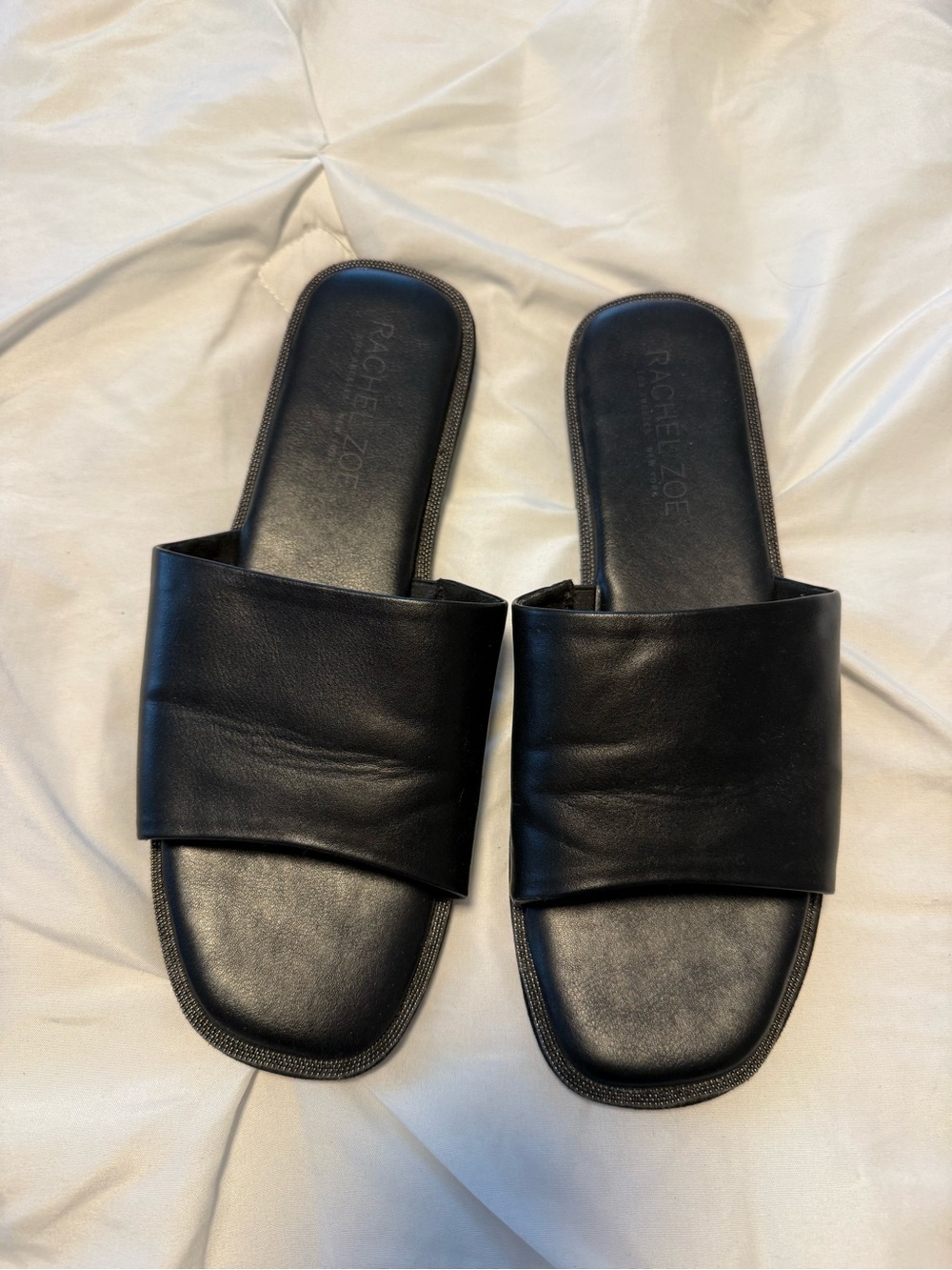 Rachel Zoe Black Leather Wide-Strap Slide Sandals